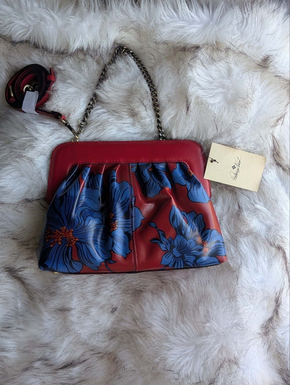Patricia Nash Zelia Frame Bag – Red Blue Floral Print – Chain Strap – NWT